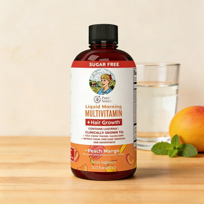 Liquid Multivitamin+Hair Growth | Clinically Tested for Thicker Hair & Facial Wrinkles in Women |  Vitamin C & D3 | Peach Mango 15 Fl Oz