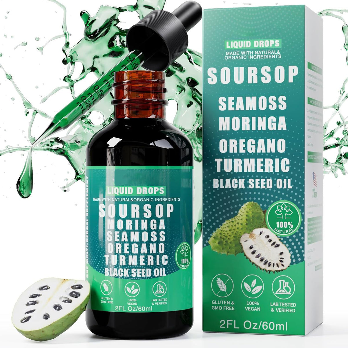 10-in-1 Soursop Superfood Drops | Natural Herbal Essence with Moringa & Turmeric for Holistic Wellness | 100% Organic (60mL)