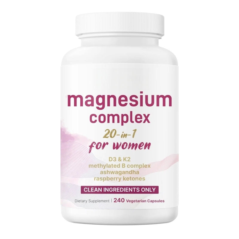Magnesium Complex for Women, 240 Veggie Capsules | 20-in-1 with Glycinate, Citrate & More + D3, K2, Methylated B Complex, Biotin, Inositol & Ashwagandha. Filler Free, Non-GMO.
