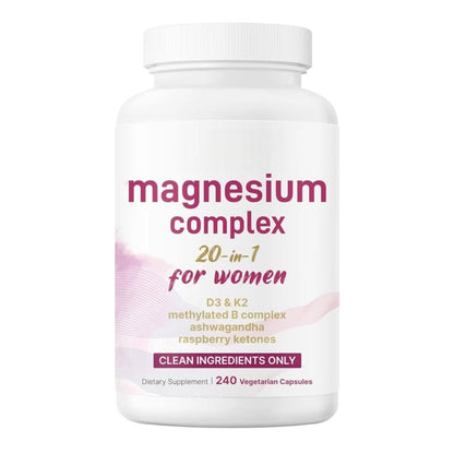 Magnesium Complex for Women, 240 Veggie Capsules | 20-in-1 with Glycinate, Citrate & More + D3, K2, Methylated B Complex, Biotin, Inositol & Ashwagandha. Filler Free, Non-GMO.