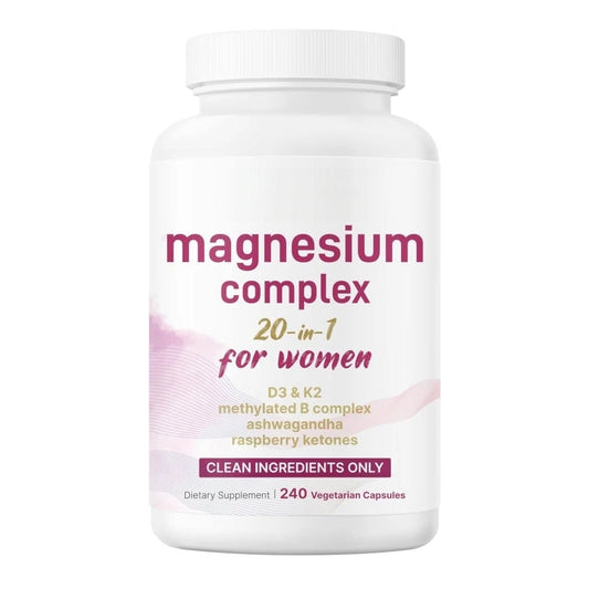 Magnesium Complex for Women, 240 Veggie Capsules | 20-in-1 with Glycinate, Citrate & More + D3, K2, Methylated B Complex, Biotin, Inositol & Ashwagandha. Filler Free, Non-GMO.