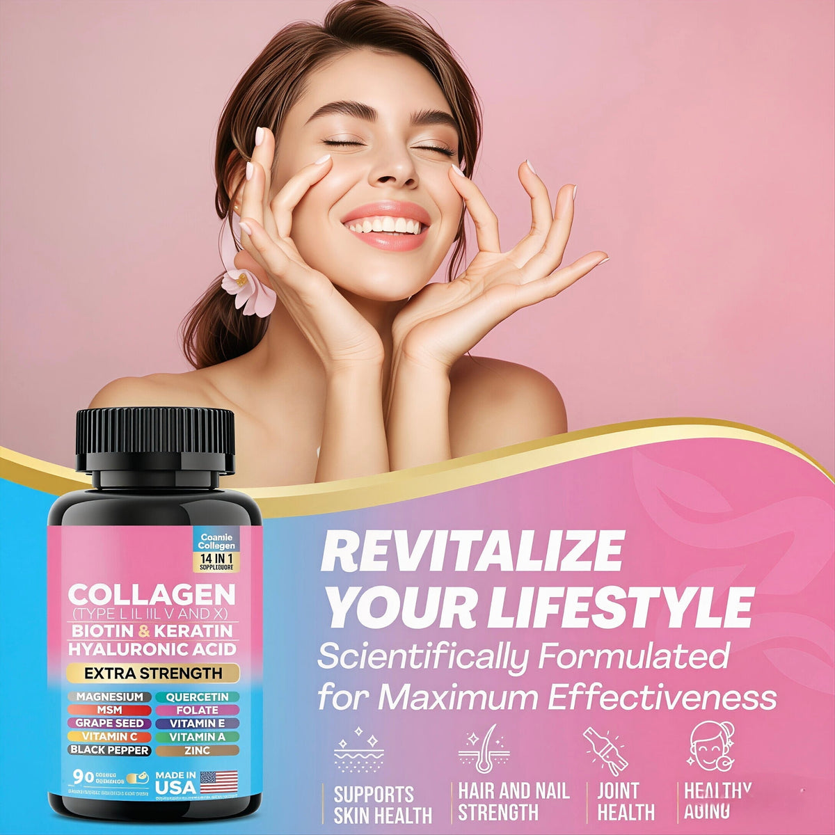 Collagen Pills Peptides (Types I,II,III,V,X) with Biotin, Keratin, Hyaluronic Acid, Vitamins & Minerals (90 Capsules)