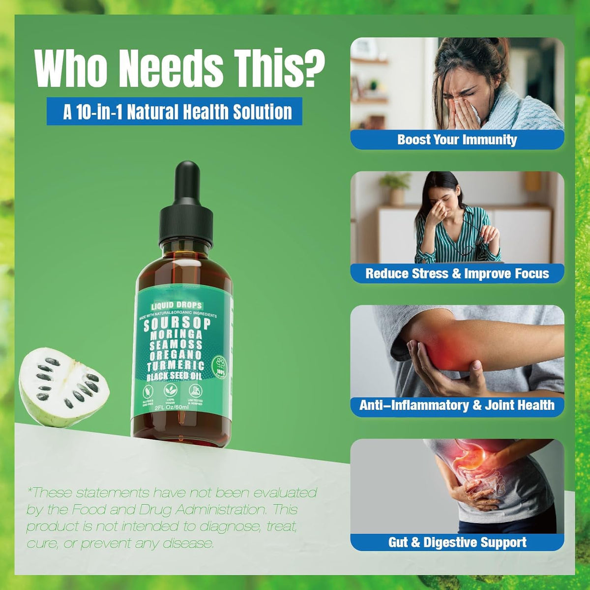 10-in-1 Soursop Superfood Drops | Natural Herbal Essence with Moringa & Turmeric for Holistic Wellness | 100% Organic (60mL)