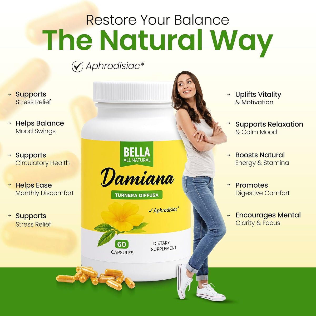 Damiana Capsules,  Leaves & Magnesium, A Dietary Supplement Maintaining Energy Balance, Reduce Stress And Sleep Better, 60 Capsules