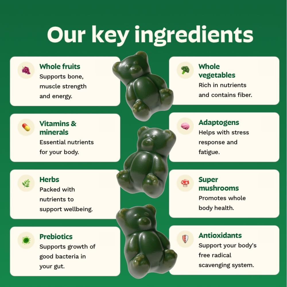 Adult Greens Gummies & Daily Multivitamin, Prebiotic Fiber, 28 ct | Adaptogens, Superfoods, 20+ Vitamins & Minerals