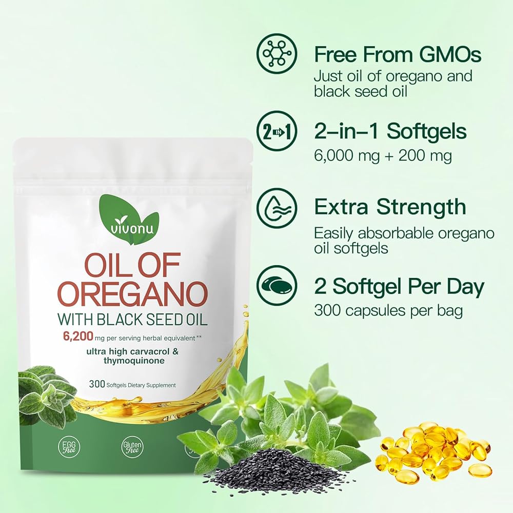 Oil of Oregano Capsules, Balanced Oil of Oregano with Black Seed Oil, Organic OreganoOil Softgels，Non-GMO
