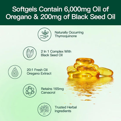Oil of Oregano Capsules, Balanced Oil of Oregano with Black Seed Oil, Organic OreganoOil Softgels，Non-GMO
