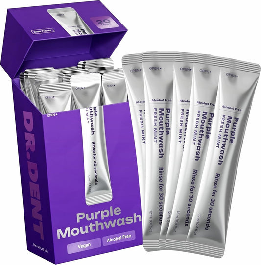Purple Mouthwash for Teeth Whitening - Color Correcting Mouthwash Sachets - Peroxide Free, Alcohol Free - Freshens Breath, Supports Gum Health - Vegan, Mint Flavor (20 pc)