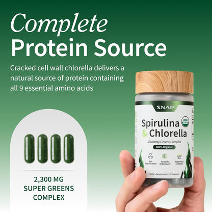 Supplements USDA Organic Spirulina & Chlorella, 120 Vegan Capsules | Superfood Supplement for Energy & Immune Support, Non-GMO, 30-Day Supply