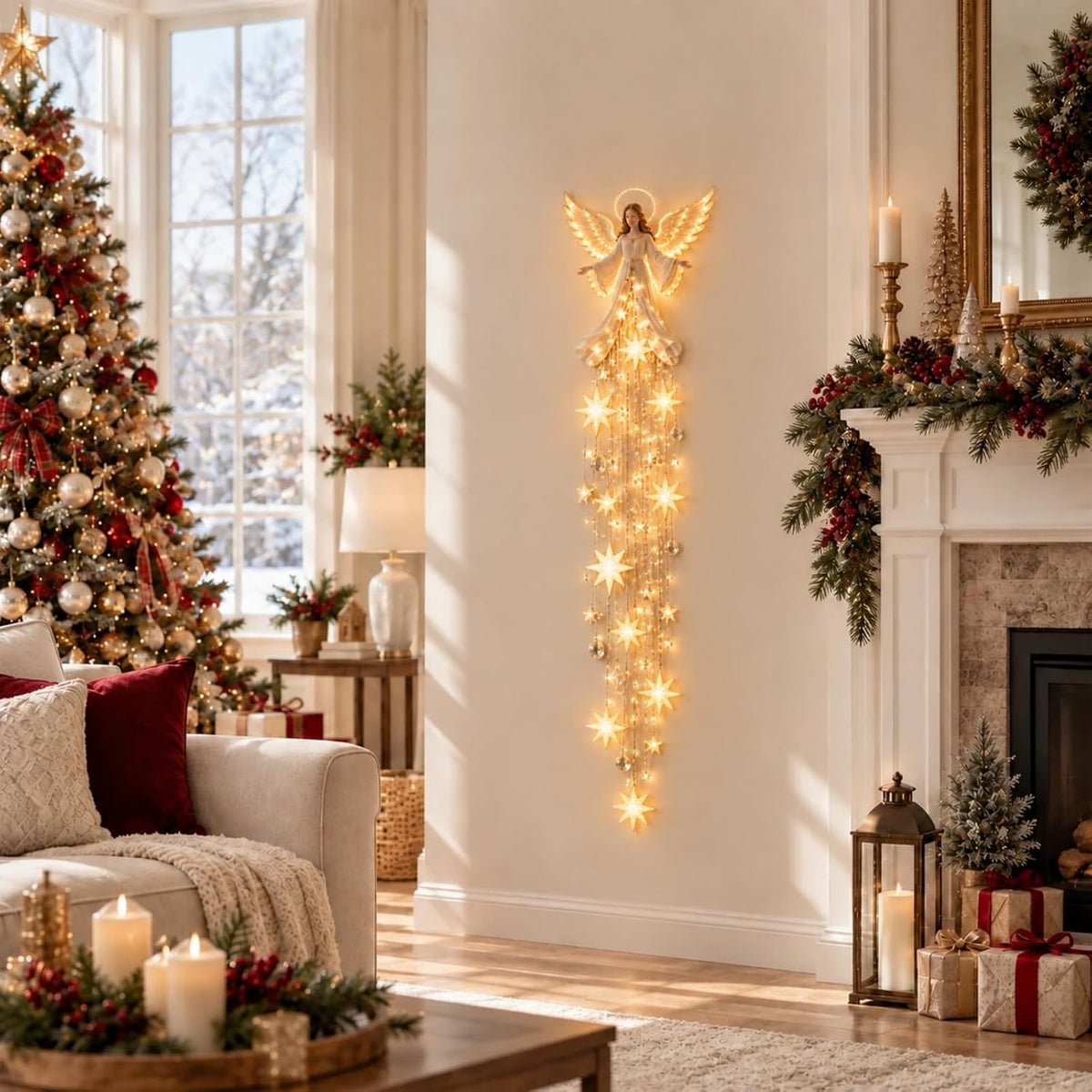 Angel Blessing Wall Light, Cascading Glowing Star Christmas Angel Wall Lamp, Led Starfall Effect Celestial Angel Figurine for Bedroom Living Room Entryway, Indoor Decoration，A