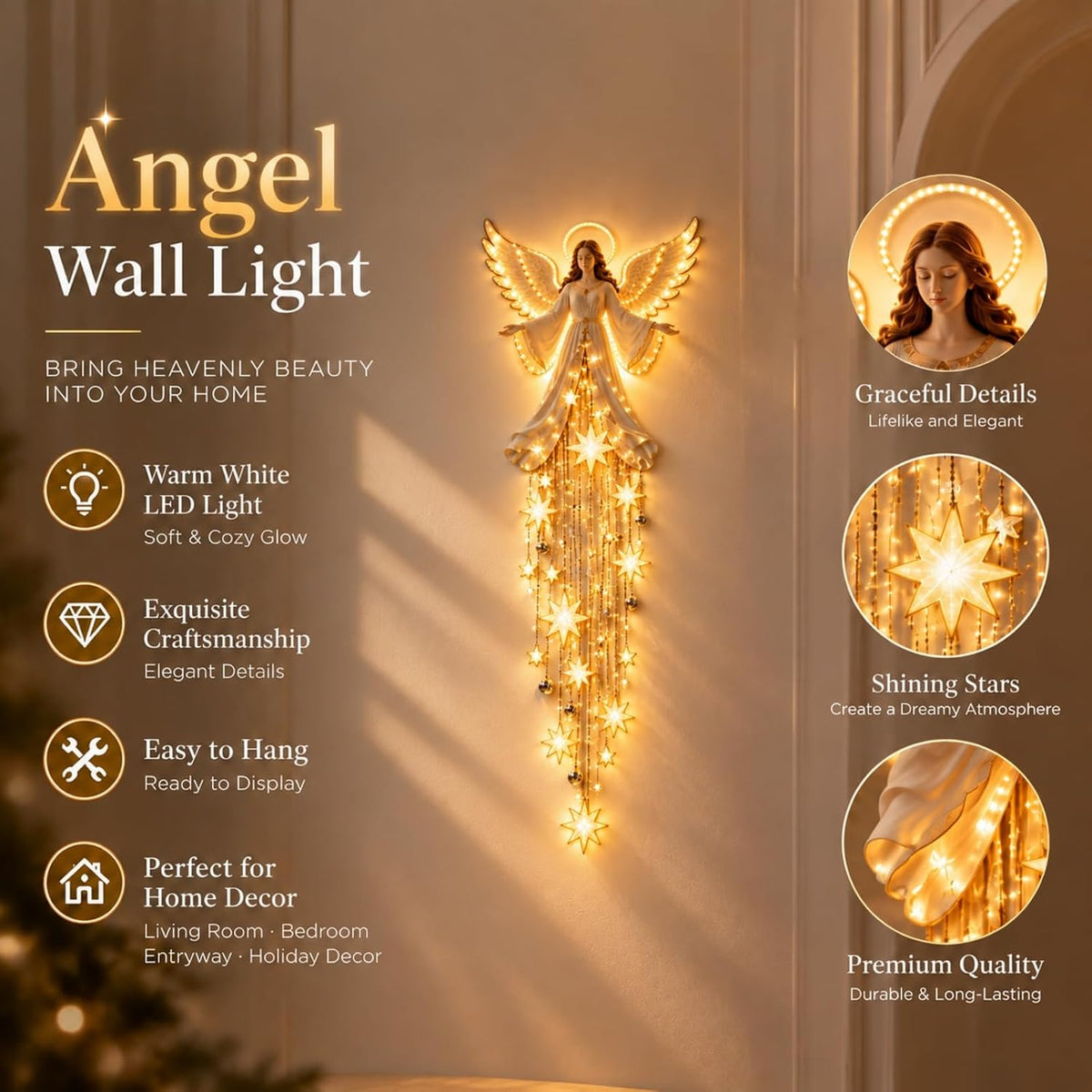 Angel Blessing Wall Light, Cascading Glowing Star Christmas Angel Wall Lamp, Led Starfall Effect Celestial Angel Figurine for Bedroom Living Room Entryway, Indoor Decoration，A
