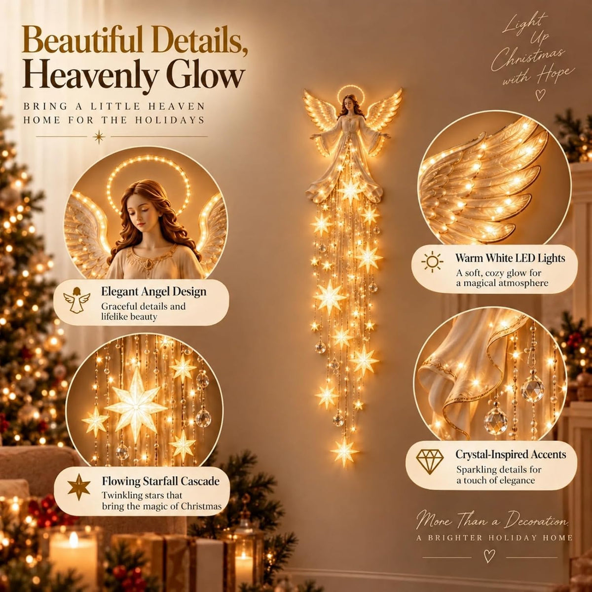 Angel Blessing Wall Light, Cascading Glowing Star Christmas Angel Wall Lamp, Led Starfall Effect Celestial Angel Figurine for Bedroom Living Room Entryway, Indoor Decoration，A