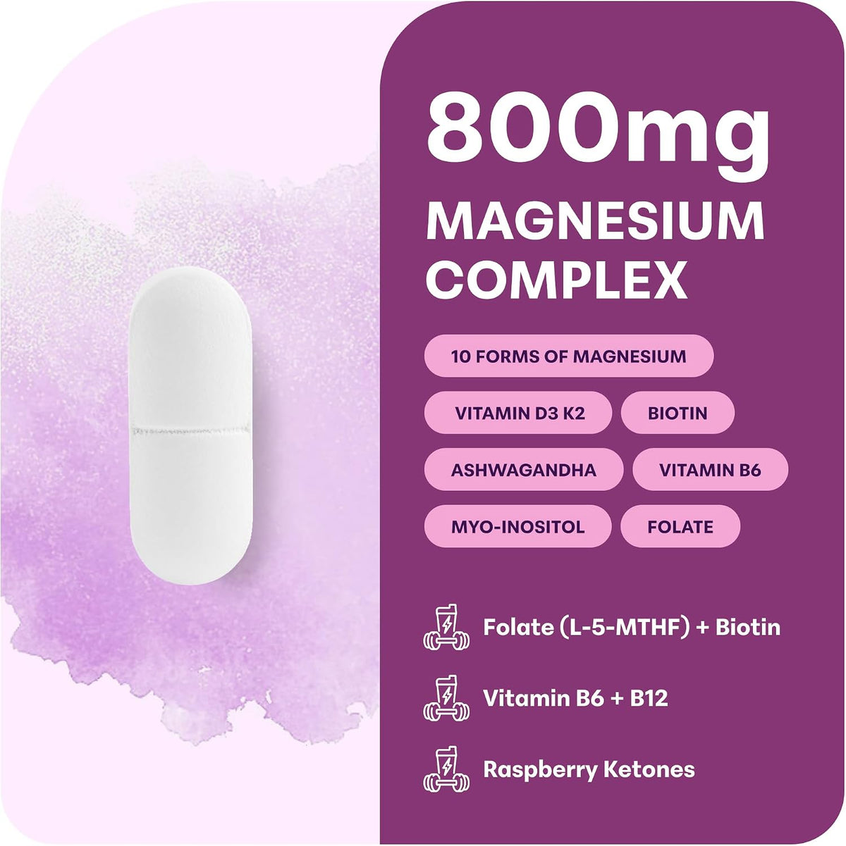 Magnesium Complex for Women, 240 Veggie Capsules | 20-in-1 with Glycinate, Citrate & More + D3, K2, Methylated B Complex, Biotin, Inositol & Ashwagandha. Filler Free, Non-GMO.