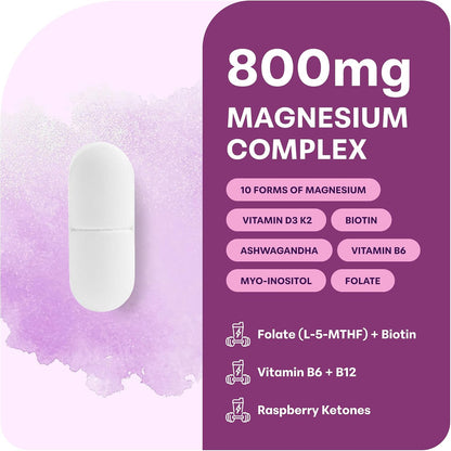 Magnesium Complex for Women, 240 Veggie Capsules | 20-in-1 with Glycinate, Citrate & More + D3, K2, Methylated B Complex, Biotin, Inositol & Ashwagandha. Filler Free, Non-GMO.