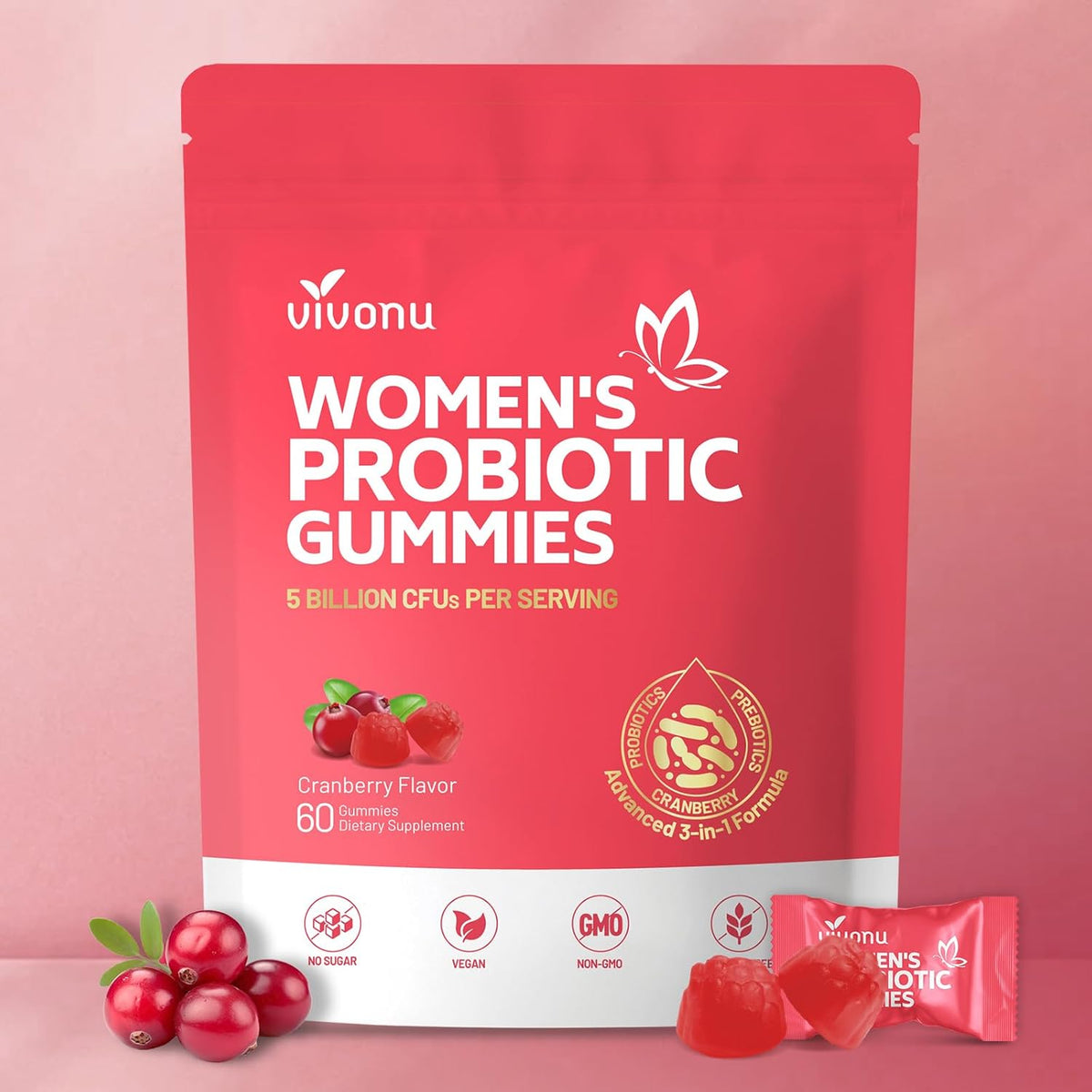 Feminine Balance Probiotic Gummies Vegan & Halal Formula for Yeast & pH Support | with Cranberry, 60 Gummies