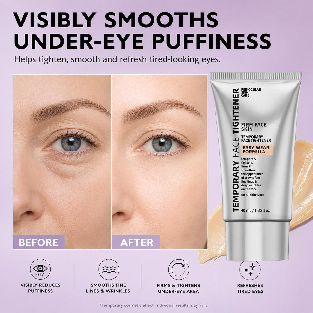 Instant  Face Tightener Cream, Temporary Firming Tightening Serum Advanced Formula Effect for Under Eye Bags & Fine Lines. Puffiness & Wrinkles, Includes Applicator Brush.1.35 fl oz /40ml