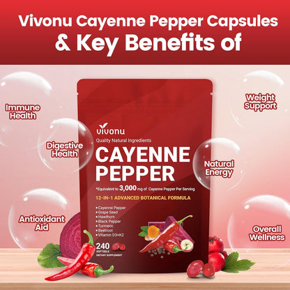 Cayenne Pepper Softgels Supplement, Supports Leg Vein, Heart and Blood Vessel Health, with Vitamin E D3+K2 and Extracts of Grape Seed, Hawthorn, Beetroot, Berberine and Others(240 Softgels/1 Bag)