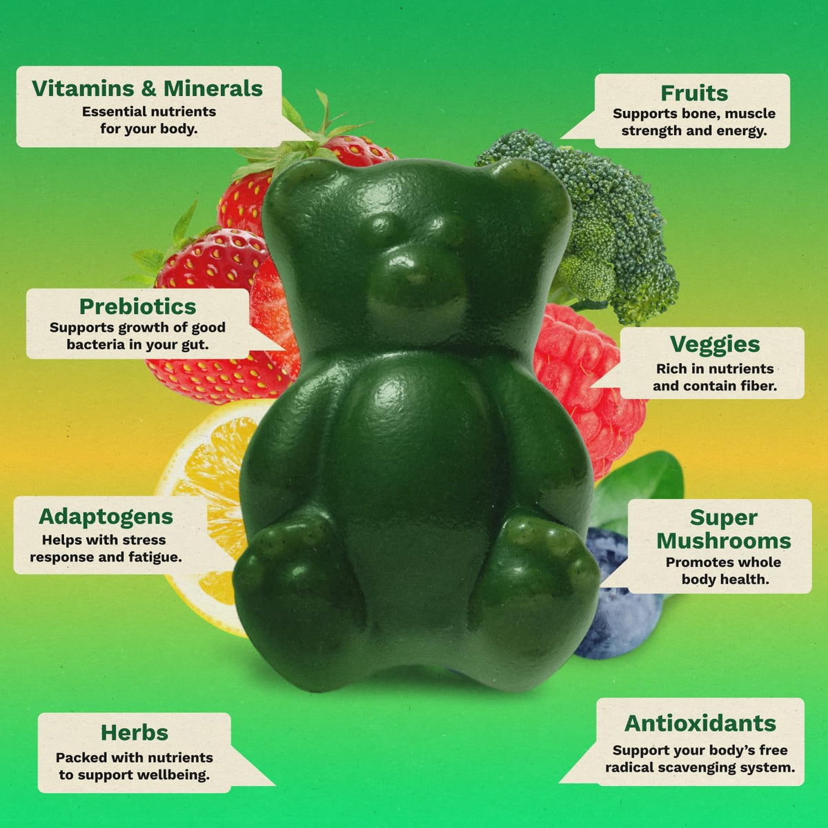 Adult Greens Gummies & Daily Multivitamin, Prebiotic Fiber, 28 ct | Adaptogens, Superfoods, 20+ Vitamins & Minerals