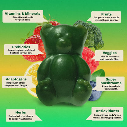 Adult Greens Gummies & Daily Multivitamin, Prebiotic Fiber, 28 ct | Adaptogens, Superfoods, 20+ Vitamins & Minerals
