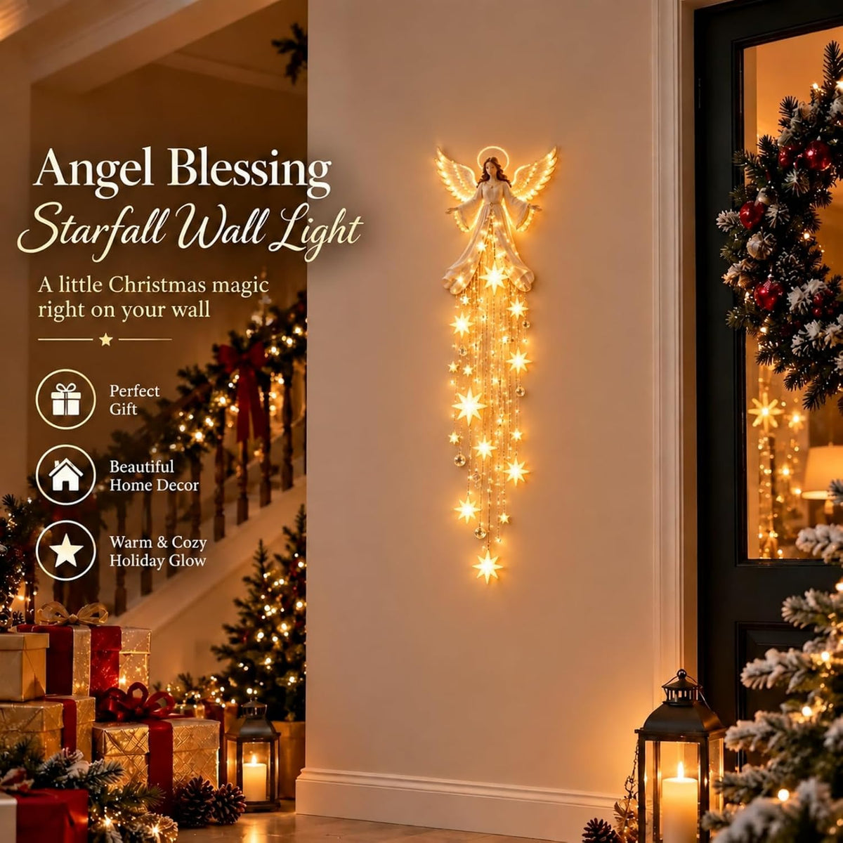 Angel Blessing Wall Light, Cascading Glowing Star Christmas Angel Wall Lamp, Led Starfall Effect Celestial Angel Figurine for Bedroom Living Room Entryway, Indoor Decoration，A