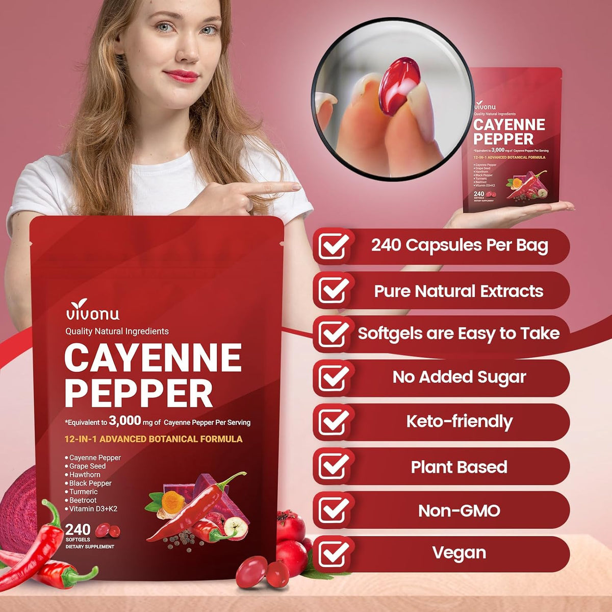 Cayenne Pepper Softgels Supplement, Supports Leg Vein, Heart and Blood Vessel Health, with Vitamin E D3+K2 and Extracts of Grape Seed, Hawthorn, Beetroot, Berberine and Others(240 Softgels/1 Bag)
