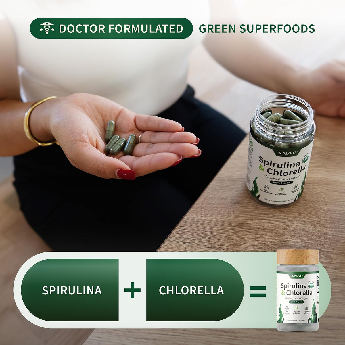 Supplements USDA Organic Spirulina & Chlorella, 120 Vegan Capsules | Superfood Supplement for Energy & Immune Support, Non-GMO, 30-Day Supply