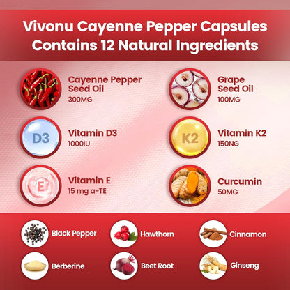 Cayenne Pepper Softgels Supplement, Supports Leg Vein, Heart and Blood Vessel Health, with Vitamin E D3+K2 and Extracts of Grape Seed, Hawthorn, Beetroot, Berberine and Others(240 Softgels/1 Bag)