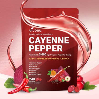 (54.99/3PC)Cayenne Pepper Softgels Supplement, Supports Leg Vein, Heart and Blood Vessel Health, with Vitamin E D3+K2 and Beetrootand Others(3PACKS)