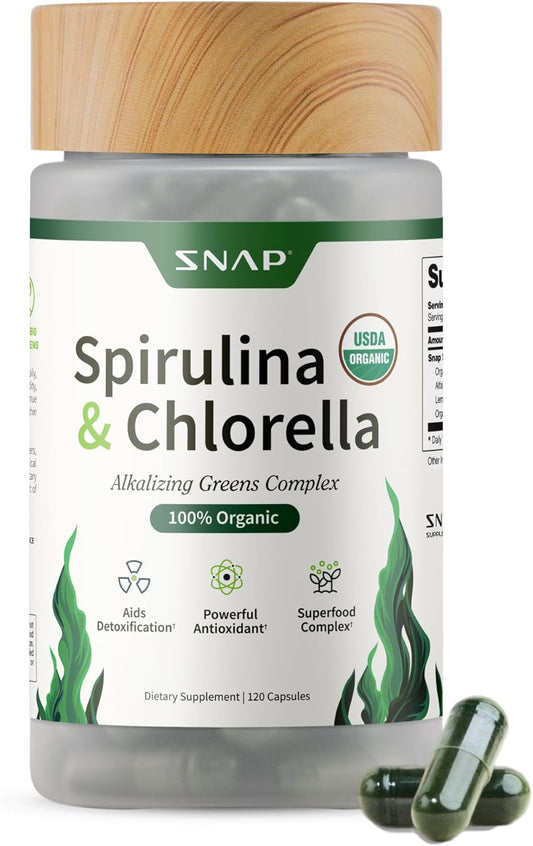 Supplements USDA Organic Spirulina & Chlorella, 120 Vegan Capsules | Superfood Supplement for Energy & Immune Support, Non-GMO, 30-Day Supply