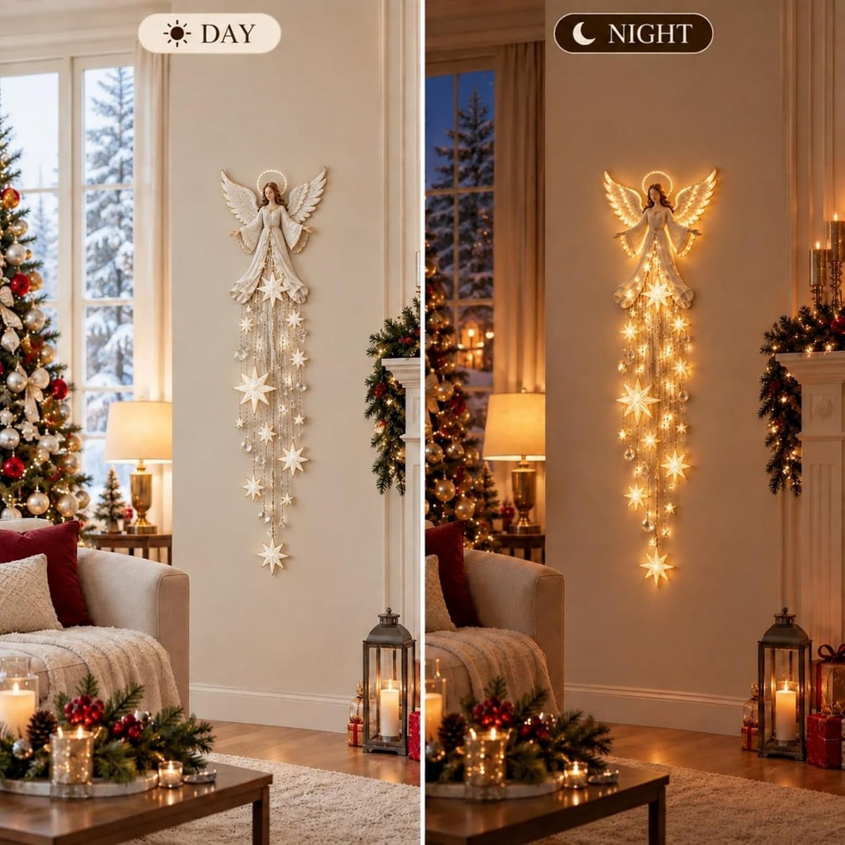 Angel Blessing Wall Light, Cascading Glowing Star Christmas Angel Wall Lamp, Led Starfall Effect Celestial Angel Figurine for Bedroom Living Room Entryway, Indoor Decoration，A