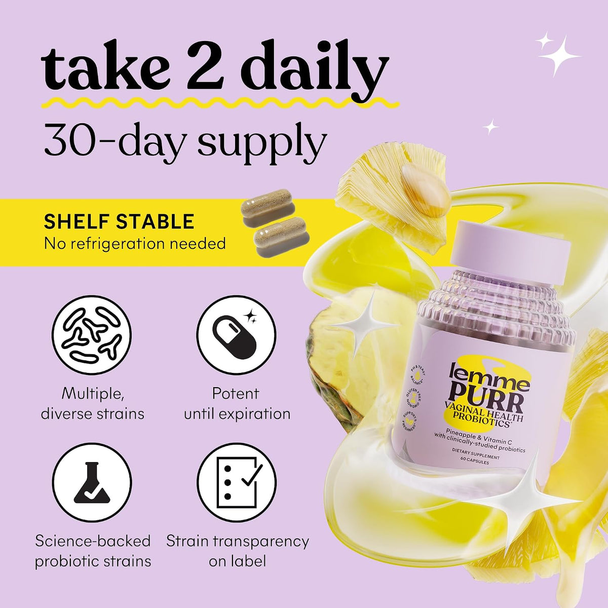 Lemme Purr Vaginal Probiotics for Women, 30-Day Supply | pH Balance, Odor & Urinary Health | Lactobacillus Blend, Clinically Tested | Pineapple & Vitamin C
