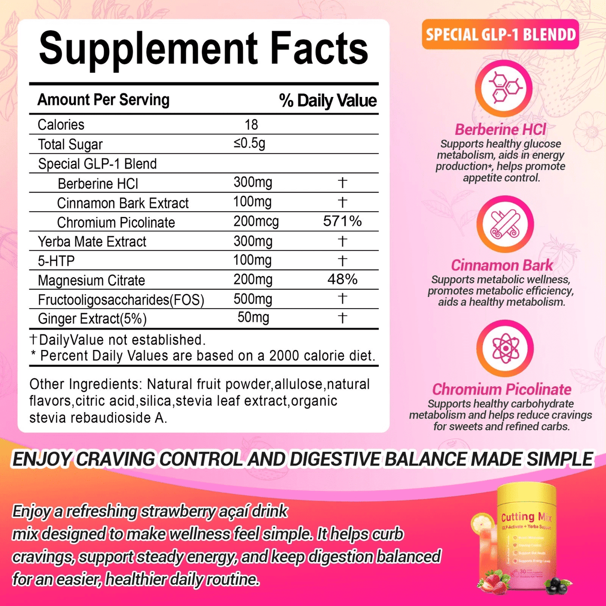Yerba Mate Drink Mix with Berberine | Metabolism, Energy & Gut Health | Strawberry Acai | Vegan, Sugar-Free, 30ct