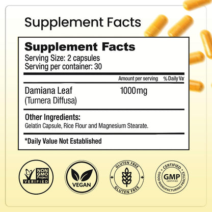 Damiana Capsules,  Leaves & Magnesium, A Dietary Supplement Maintaining Energy Balance, Reduce Stress And Sleep Better, 60 Capsules