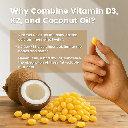 High-Potency Vitamin D3 K2 MK-7 | Complete Bone & Cardiovascular Support in Coconut Oil | 300 Softgels, Easy to Swallow