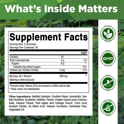 Vitamatic Moringa Gummies – Sugar-Free Botanical Extract – Green Superfood Supplement – Vegan, Pectin-Based, Non - 60 Count