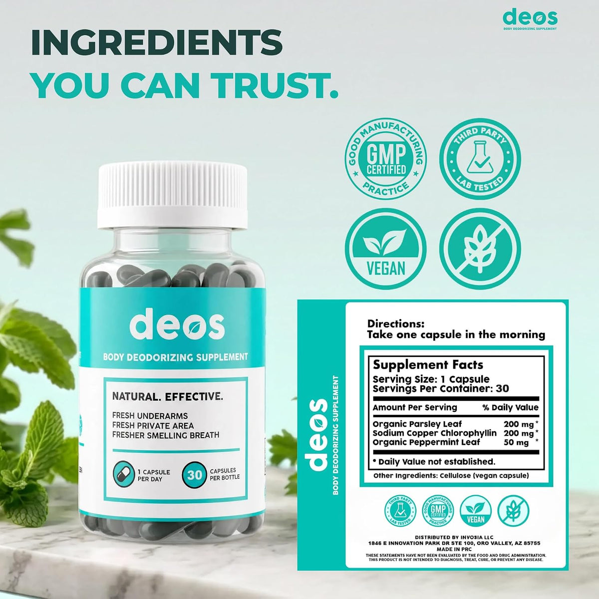 DEOS Chlorophyll Internal Deodorant Capsules – Whole Body Freshness, 30 Count
