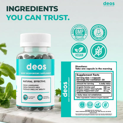 DEOS Chlorophyll Internal Deodorant Capsules – Whole Body Freshness, 30 Count