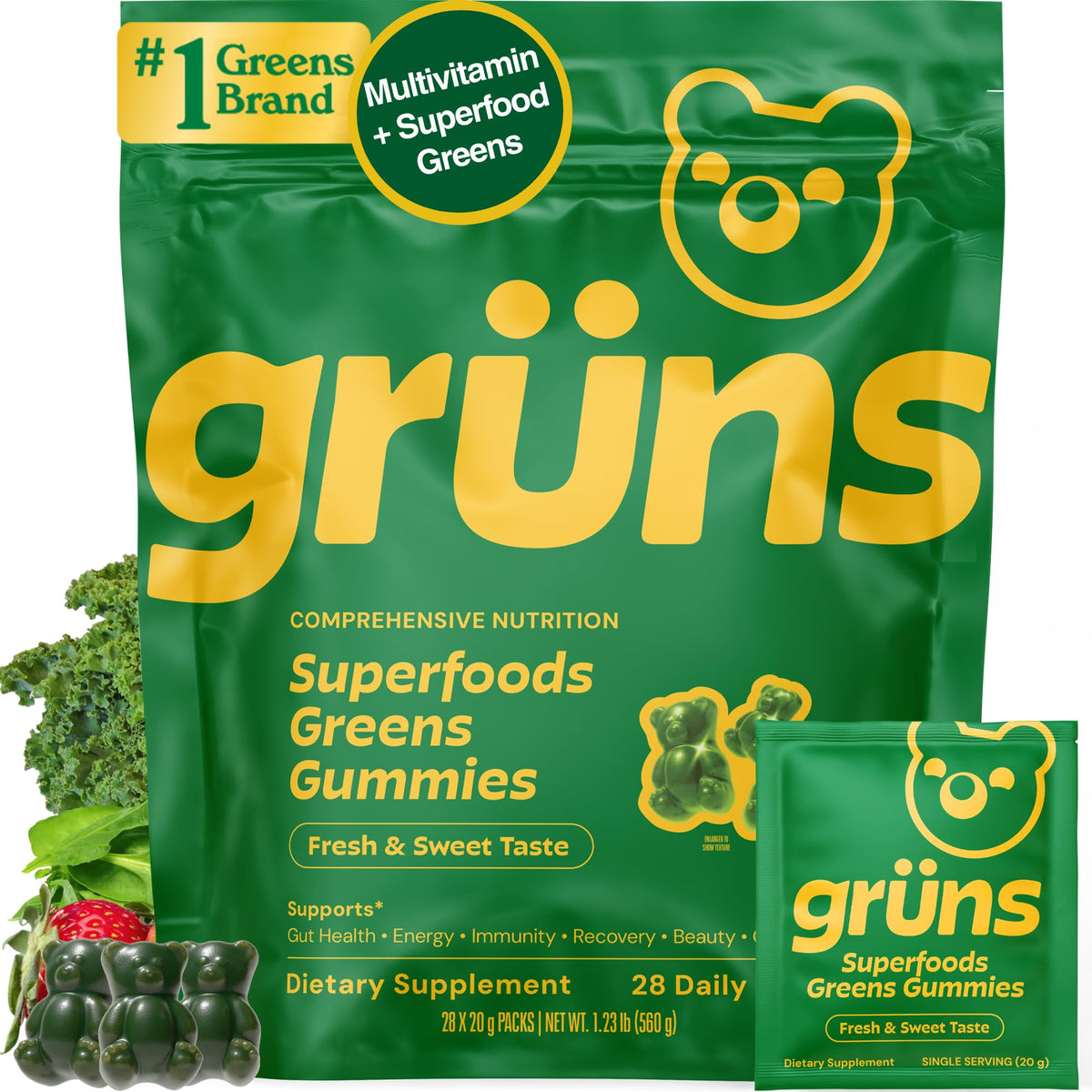 Adult Greens Gummies & Daily Multivitamin, Prebiotic Fiber, 28 ct | Adaptogens, Superfoods, 20+ Vitamins & Minerals