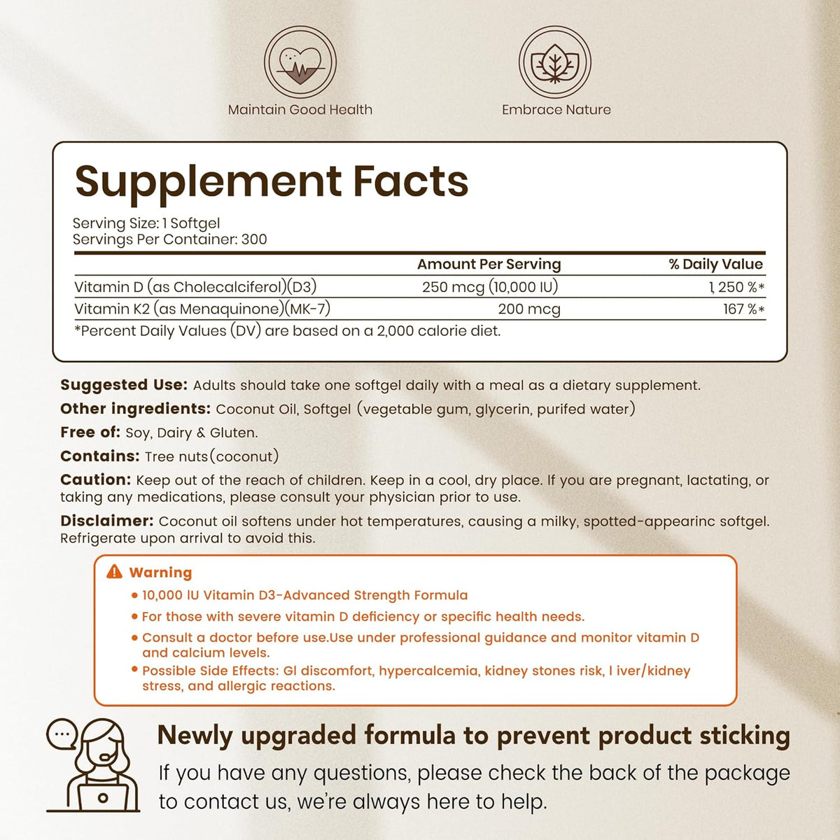 High-Potency Vitamin D3 K2 MK-7 | Complete Bone & Cardiovascular Support in Coconut Oil | 300 Softgels, Easy to Swallow