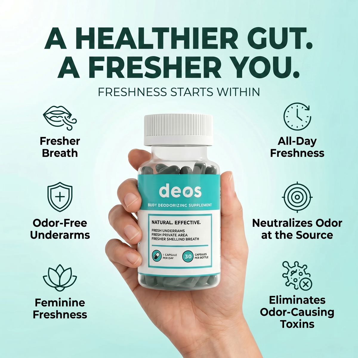DEOS Chlorophyll Internal Deodorant Capsules – Whole Body Freshness, 30 Count