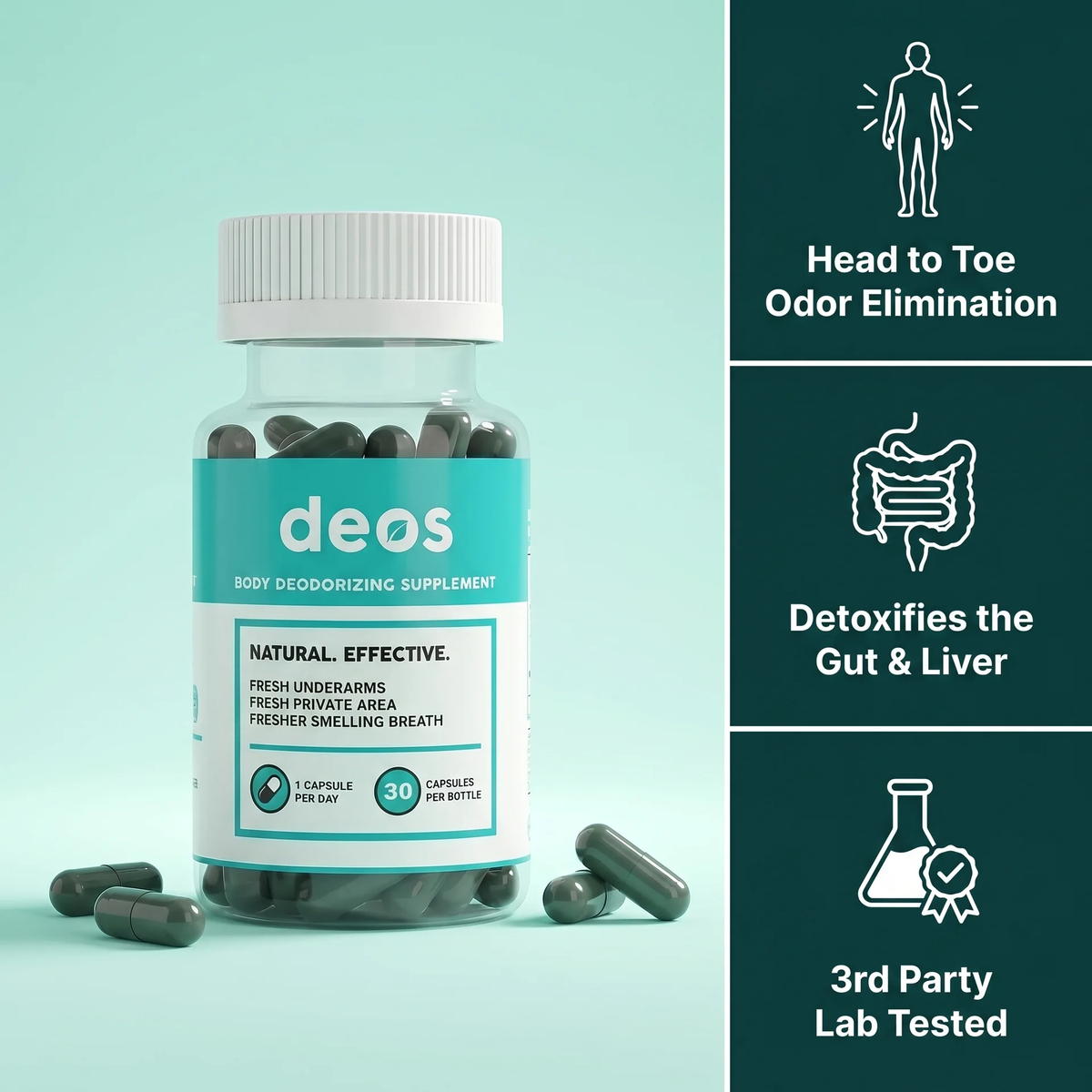 DEOS Chlorophyll Internal Deodorant Capsules – Whole Body Freshness, 30 Count