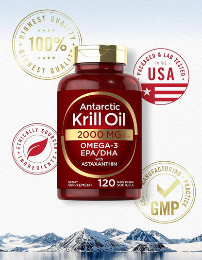 Antarctic Krill Oil 2000 mg | 120 Softgels for Men and Women | Omega-3 with Astaxanthin