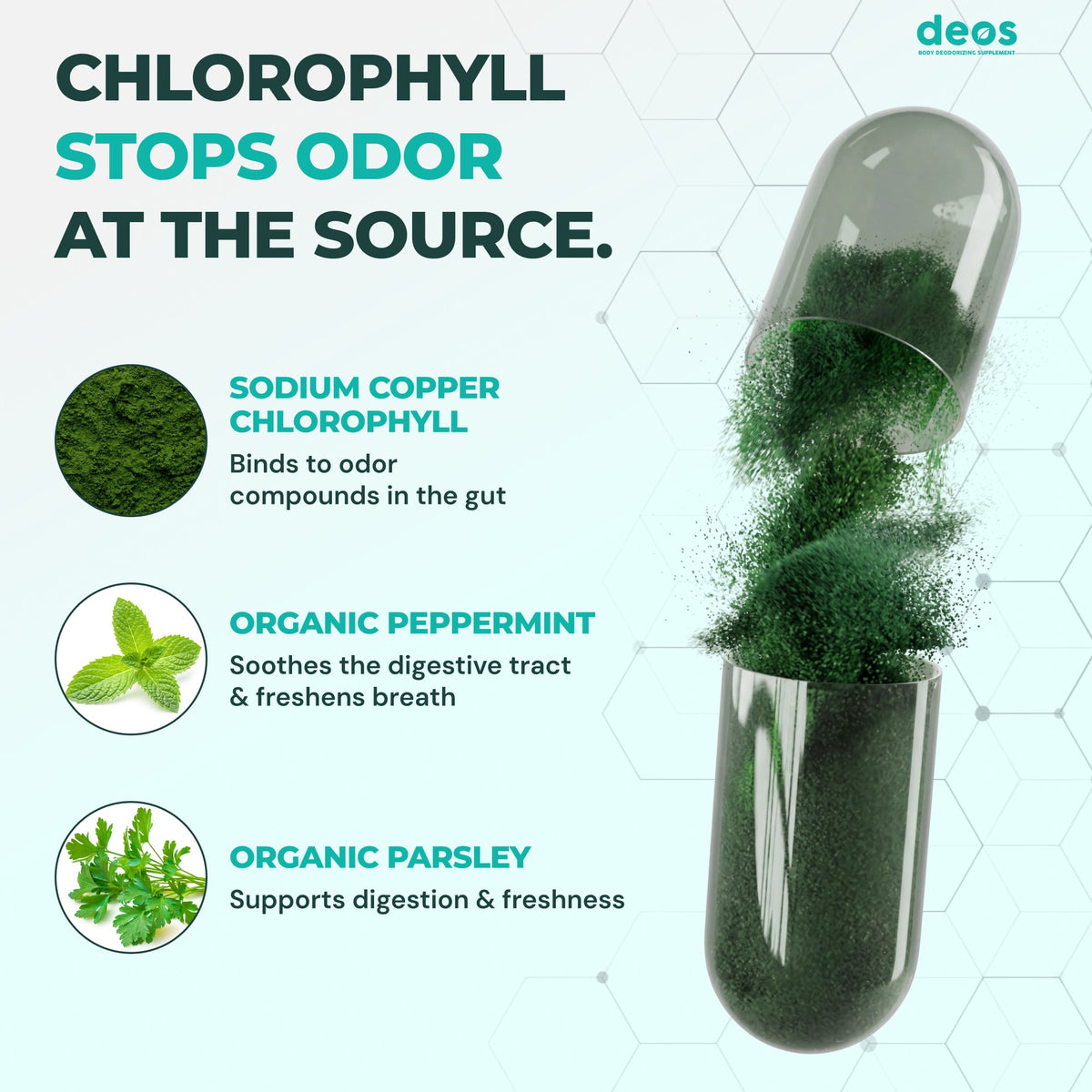 DEOS Chlorophyll Internal Deodorant Capsules – Whole Body Freshness, 30 Count