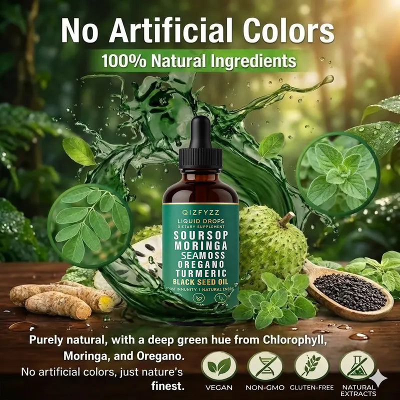 Soursop Bitters Liquid Drops 10-in-1 with  Moringa, Turmeric, Black Seed Oil, Oregano| Herbal Extracts for Overall Health | Vegan, Non-GMO | 2 fl. oz