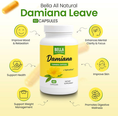Damiana Capsules,  Leaves & Magnesium, A Dietary Supplement Maintaining Energy Balance, Reduce Stress And Sleep Better, 60 Capsules