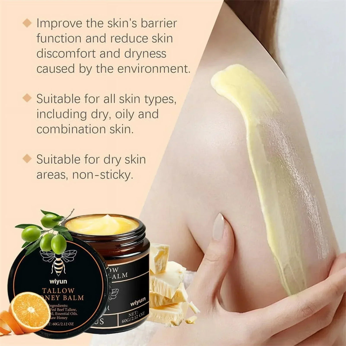 Organic Grass-Fed Beef Tallow Balm with Raw Honey - Moisturizing Cream for Soft, Smooth Skin - Handmade All-Natural Moisturizer 57g.