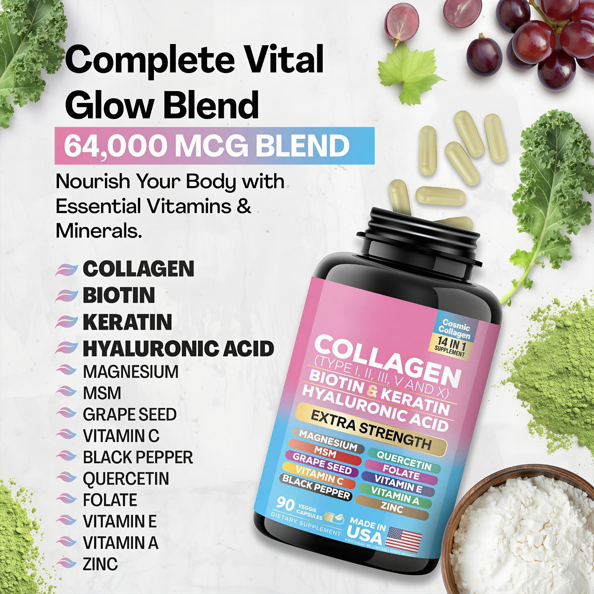 Collagen Pills Peptides (Types I,II,III,V,X) with Biotin, Keratin, Hyaluronic Acid, Vitamins & Minerals (90 Capsules)