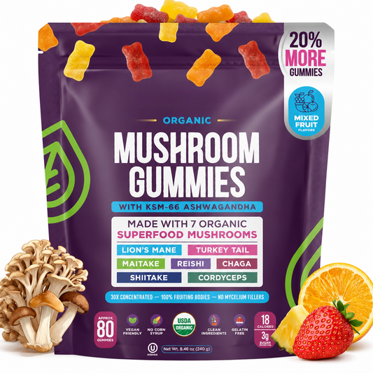 Organic Mushroom Gummies & Ashwagandha - Mixed Berry, 80 ct | KSM-66 Ashwagandha Gummies with 7 Superfood Mushroom