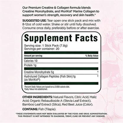 Creatine & Collagen Stick Packs,5g Creatine Monohydrate + 1g MoriKol Collagen -Supports Strength, Recovery & Skin Health ,20 Servings