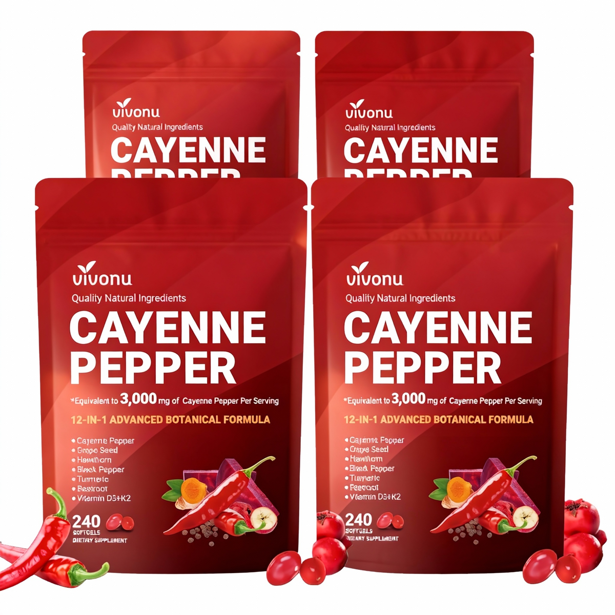 Cayenne Pepper Softgels Supplement, Supports Leg Vein, Heart and Blood Vessel Health, with Vitamin E D3+K2 and Extracts of Grape Seed, Hawthorn, Beetroot, Berberine and Others(240 Softgels/1 Bag)